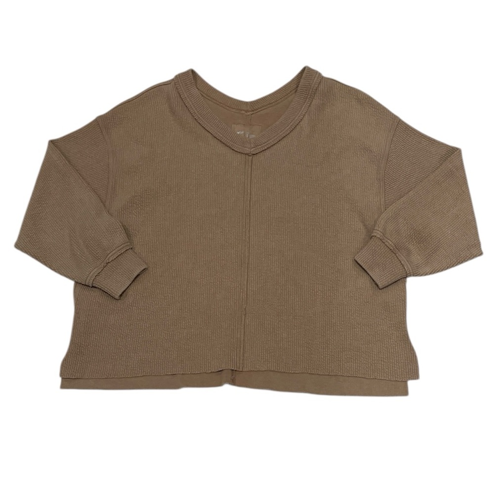 AERIE WOMENS TAN THERMAL RIBBED V-NECK OVERSIZED LONG SLEEVE SHIRT SIZE LARGE - Picture 2 of 8